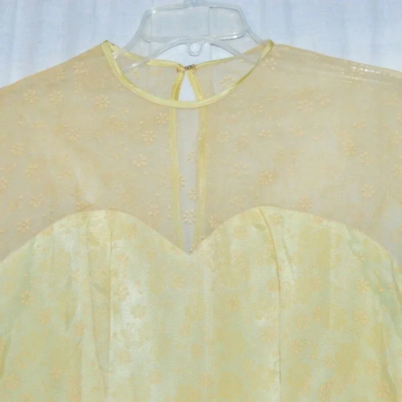50s Pale Yellow Chiffon Floral Dress Sweatheart - Picture 2 of 8